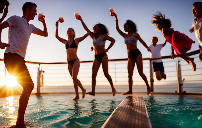 An image showcasing a lively cruise ship deck, filled with excited children splashing in the pool, teens lounging on deck chairs, and adults enjoying drinks at the bar, illustrating the age diversity on cruises