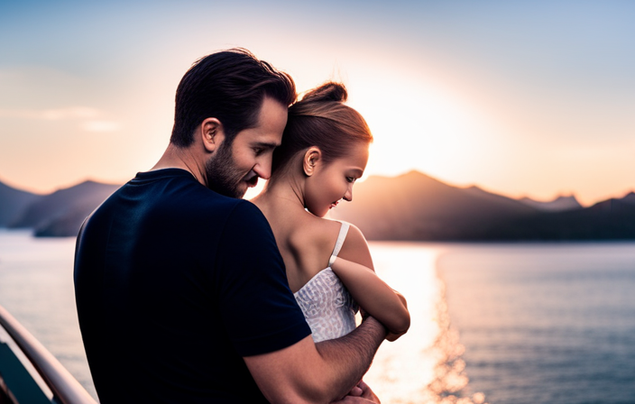 An image showcasing a serene seascape, where a content baby, aged between 6 and 12 months, gleefully explores their surroundings while safely cradled in their parent's arms aboard a luxurious cruise ship