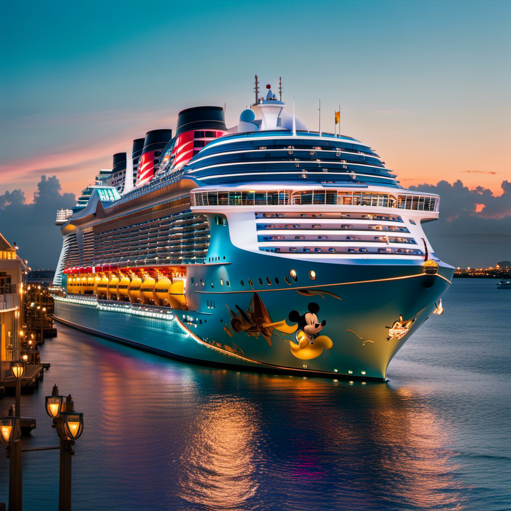 An image capturing the majestic Disney Fantasy Cruise Ship in all its glory, showcasing its iconic turquoise hull and towering decks, adorned with vibrant characters and shimmering lights, symbolizing the timeless enchantment that has graced the seas for years