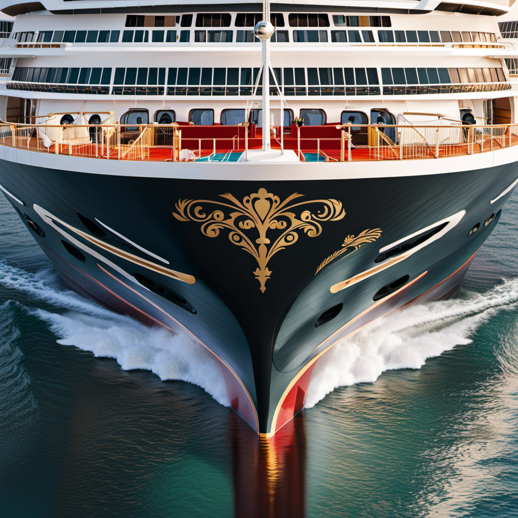 An image capturing the majestic Disney Magic Cruise Ship, showcasing its iconic design and features such as the vibrant red funnel, whimsical character artwork, and the grandeur of its towering decks