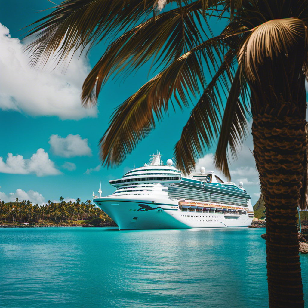An image showcasing the grandeur of the Ruby Princess cruise ship, capturing its sleek white exterior reflecting the sunlight, while surrounded by vibrant turquoise waters and towering palm trees