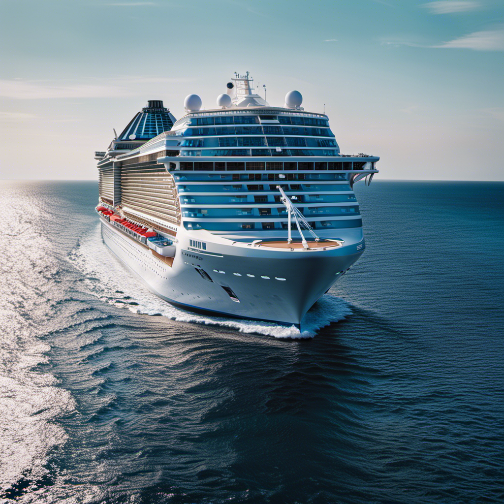 An image showcasing the majestic Grand Princess Cruise Ship, standing tall on the glistening blue ocean waters, adorned with sleek white exteriors, towering decks, and a distinct red funnel, representing its timeless elegance and rich history