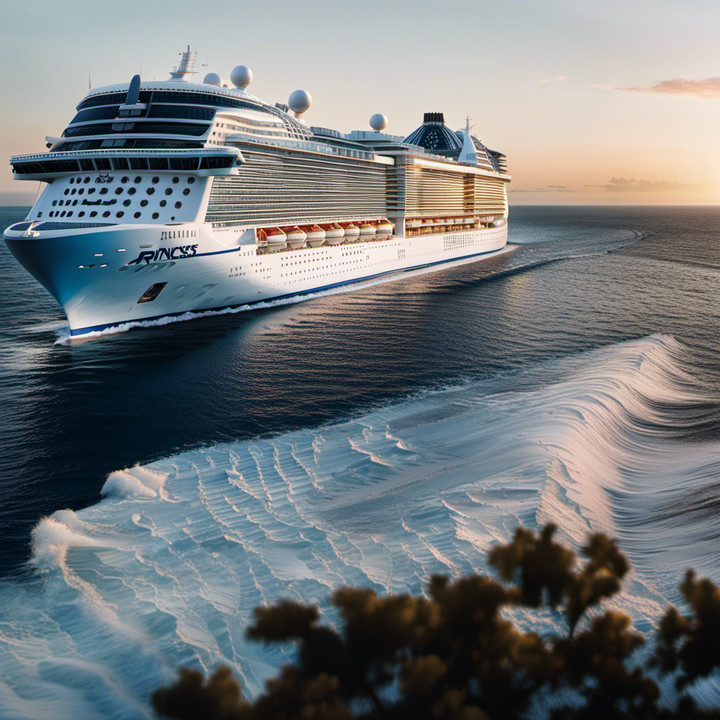 An image that showcases the majestic Royal Princess Cruise Ship, revealing its timeless elegance and rich history through its sleek and modern design juxtaposed against the backdrop of a picturesque, serene ocean