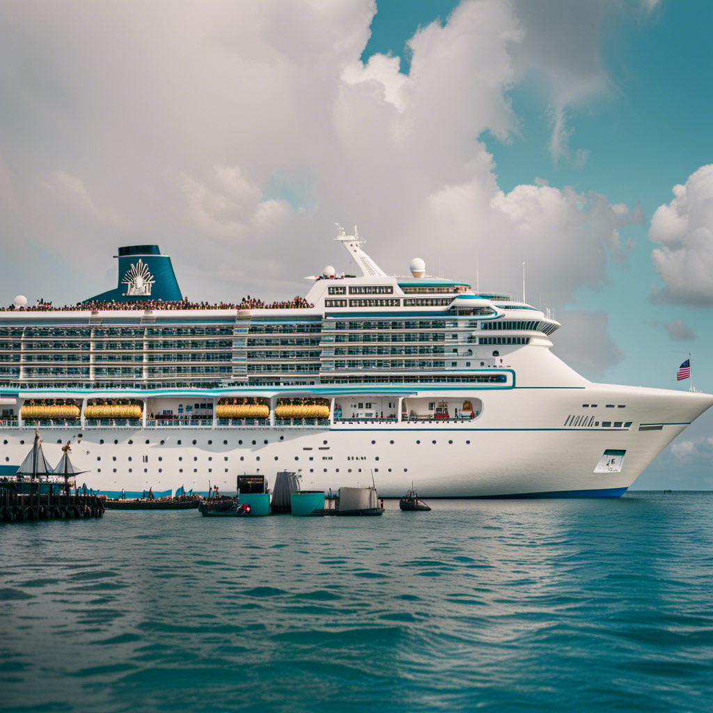 An image showcasing the colossal stature of the Mardi Gras Cruise Ship, capturing its towering presence against a backdrop of azure waters