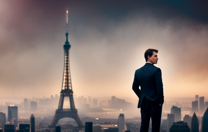 An image capturing the awe-inspiring height of Tom Cruise by juxtaposing him against iconic landmarks like the Eiffel Tower, Statue of Liberty, and Burj Khalifa, emphasizing his towering presence in a unique and visually stunning way