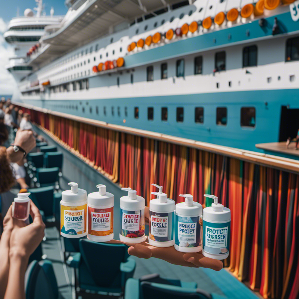 An image showcasing a vibrant cruise ship deck with passengers diligently using hand sanitizers, crew members disinfecting surfaces, and a prominent sign displaying "Protect Yourself: Avoid Norovirus" in bold letters
