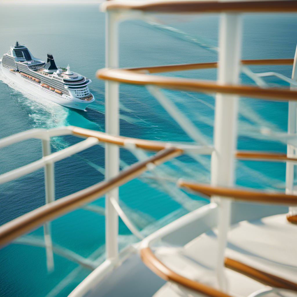 An image depicting a serene cruise ship sailing through calm turquoise waters, with a stabilizer fin visible beneath the surface