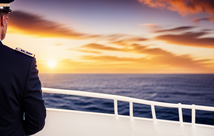 An image showcasing a serene sunset horizon on the open ocean, with a confident cruise ship captain standing tall on the ship's bridge, effortlessly steering the vessel towards a new adventure