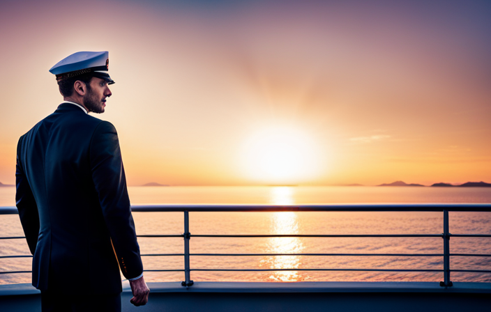 An image showcasing a confident individual in a crisp uniform, standing on the deck of a majestic cruise ship, with the vast expanse of the ocean and a radiant sunset as the backdrop