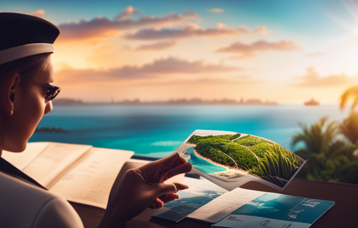 An image showcasing a cruise ship sailing through turquoise waters, with a travel agent at a desk adorned with brochures, passports, and a world map, surrounded by vibrant tropical vegetation