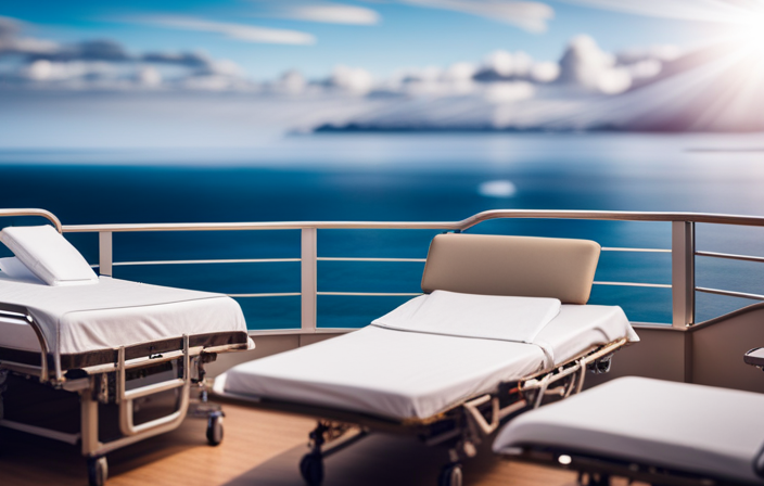 An image showcasing a bustling cruise ship deck transformed into a floating hospital, with uniformed nurses attending to patients, medical equipment neatly arranged, and serene ocean views in the background