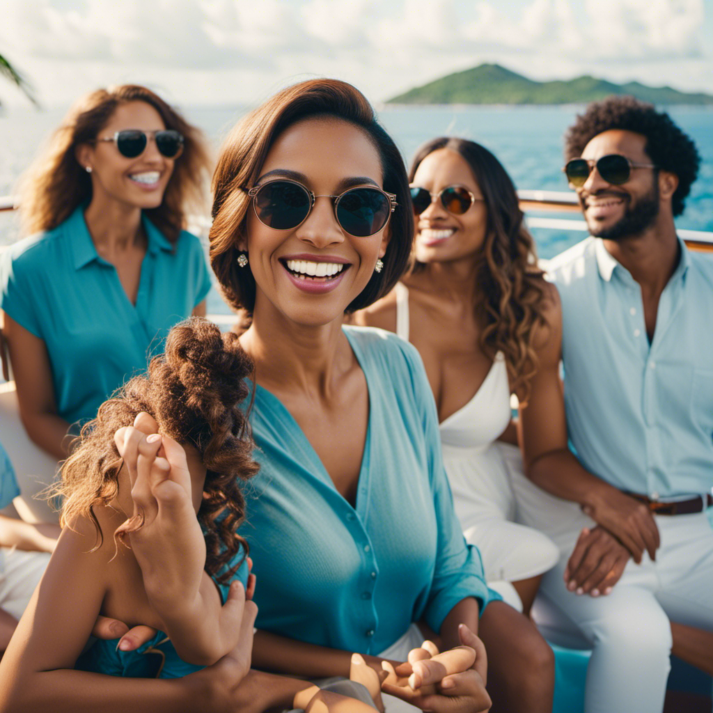 An image showcasing a diverse group of friends and family, gathered on a luxurious cruise ship deck, surrounded by sparkling blue waters and vibrant tropical islands in the distance