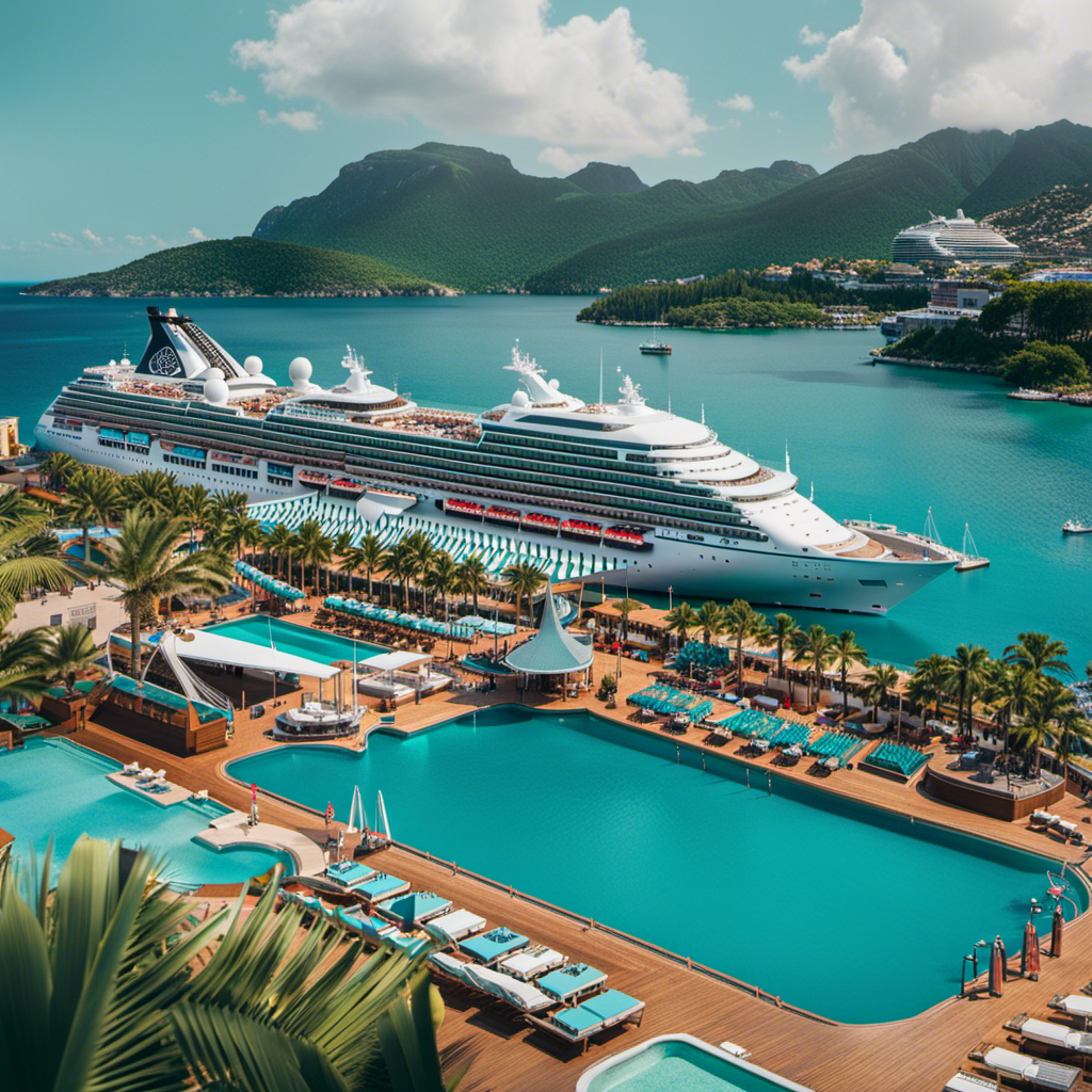 An image showcasing a sunny port filled with vibrant cruise ships, towering above crystal-clear turquoise waters