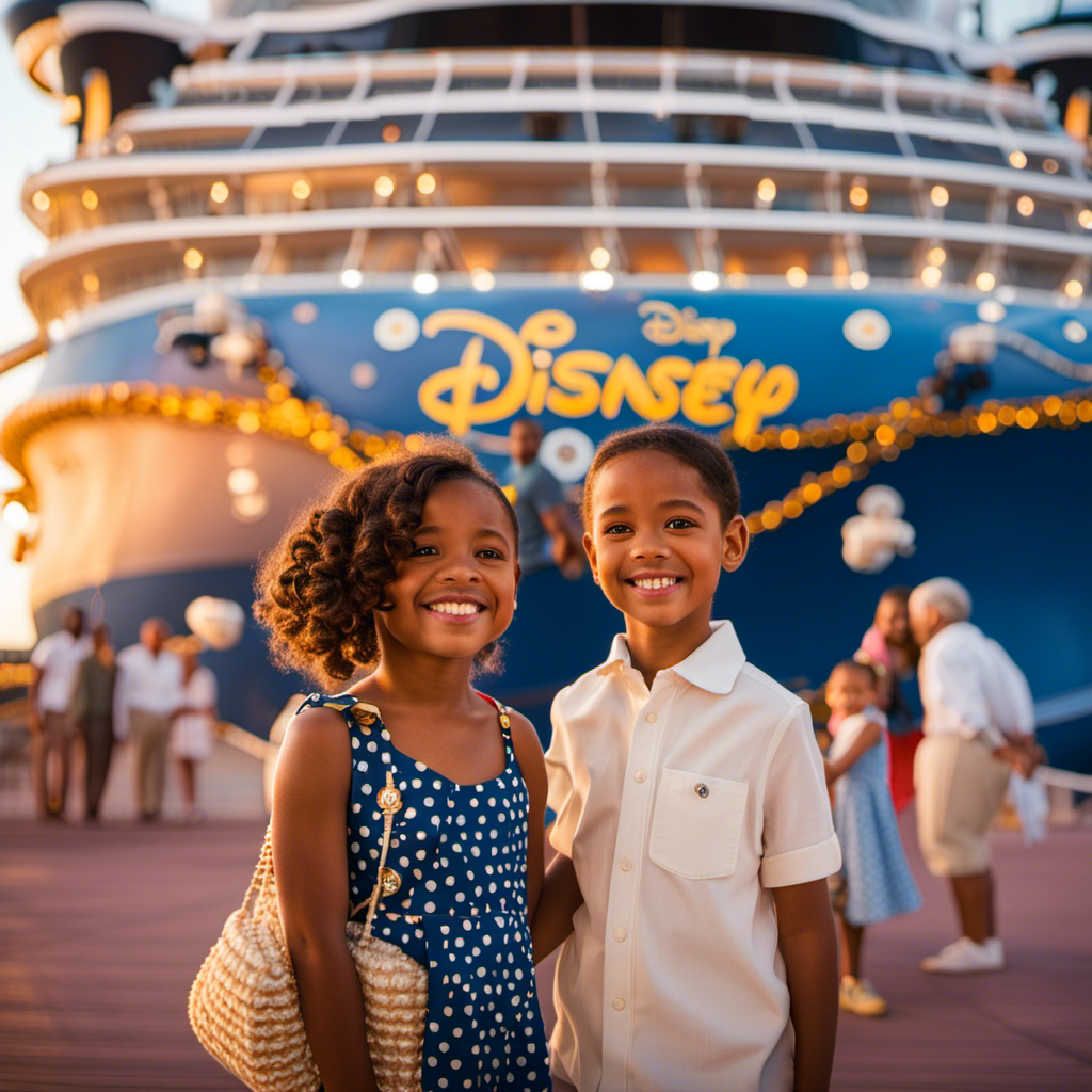 An image showcasing a family happily standing in front of a majestic Disney cruise ship, adorned with vibrant characters, dazzling lights, and a grand entrance, enticing readers to learn how to book their dream Disney cruise