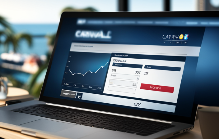 An image showcasing a laptop displaying a finance website with a visible "Carnival Cruise Line" stock search
