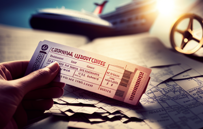 An image featuring a person holding a crumpled Carnival Cruise ticket, surrounded by a pile of discarded travel brochures, a broken compass, and a map with a big red "X" marked over a cruise ship symbol