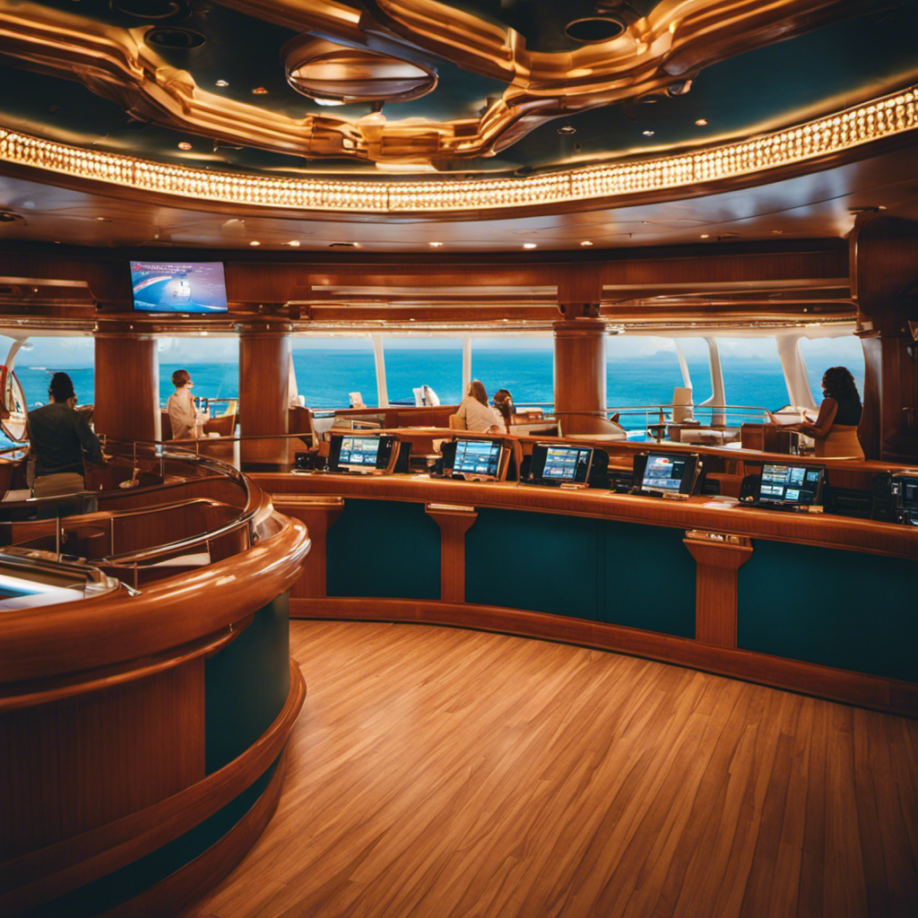 An image showcasing a vibrant cruise ship deck with unmistakable signage leading to the ship's communication center