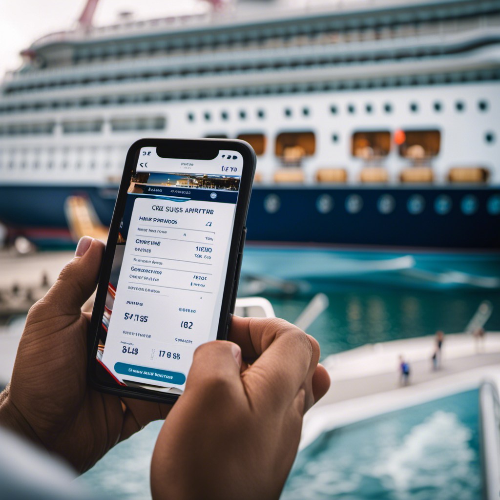 An image showcasing a person holding a passport and smartphone, standing next to a cruise ship