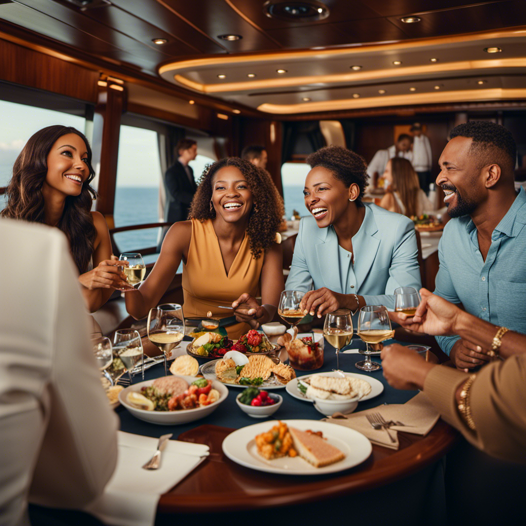 An image showcasing a diverse group of excited travelers, gathered around a table on a luxurious cruise ship deck, discussing and planning their itinerary while a friendly staff member presents them with exclusive group rate offers