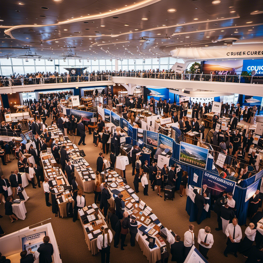 An image capturing the vibrant scene of a cruise ship job fair, bustling with eager applicants dressed in professional attire, clutching resumes, surrounded by banners displaying the logos of renowned cruise lines