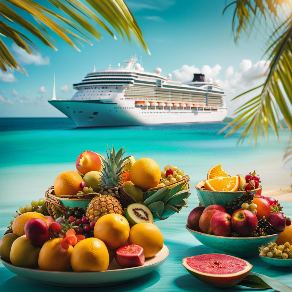 An image capturing the excitement of a cruise ship sailing through turquoise waters, adorned with vibrant tropical fruits and a sparkling pool, enticing readers to learn how to unlock the secrets of finding the best cruise deals