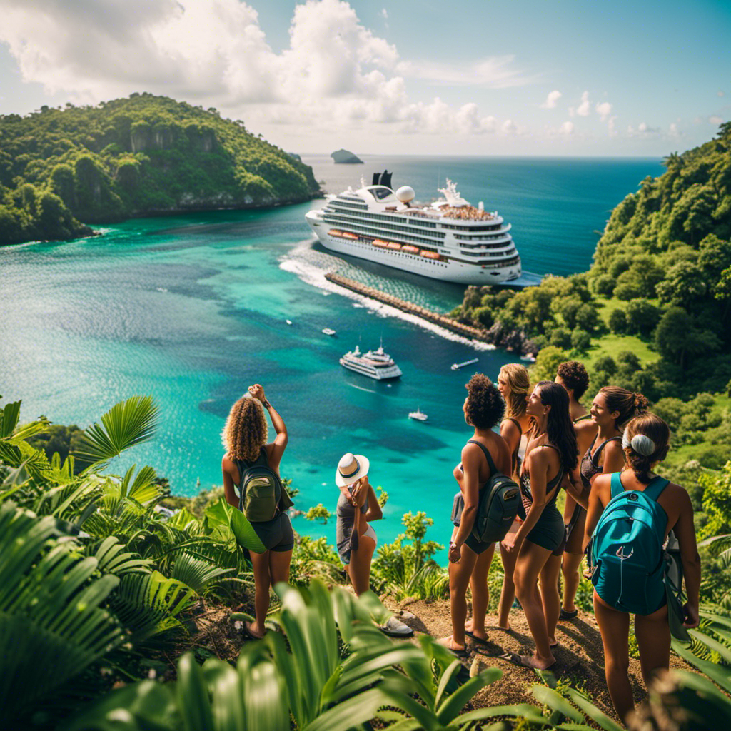 An image showcasing a group of happy cruise passengers engaged in thrilling adventures like snorkeling, exploring ancient ruins, and zip-lining through lush rainforests, all with vibrant landscapes and stunning ocean views as the backdrop