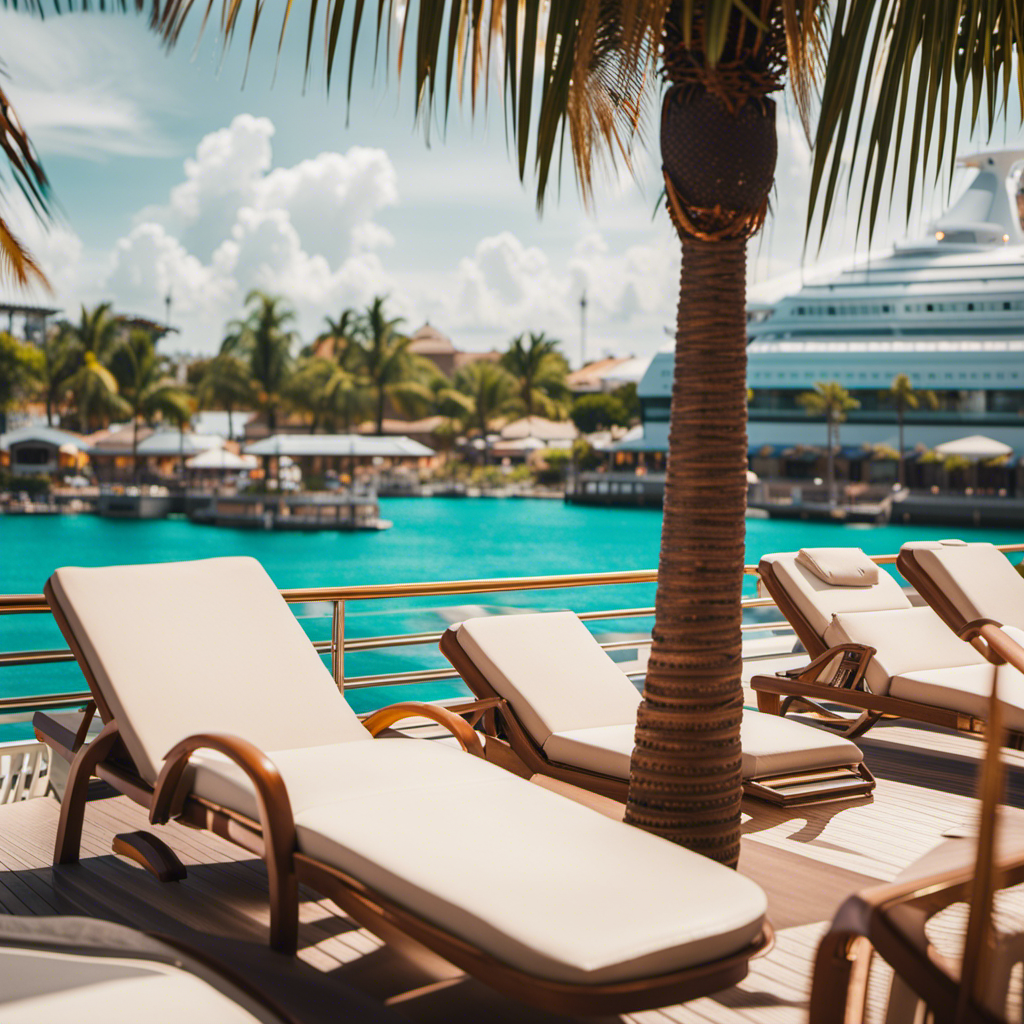 An image showcasing a cruise ship deck with passengers lounging on sunbeds, surrounded by palm trees, effortlessly browsing the internet on their devices, capturing the ambiance of free WiFi on a Royal Caribbean cruise