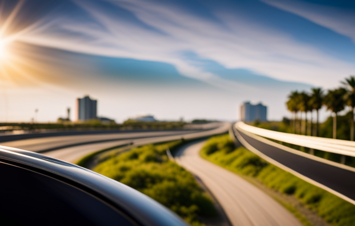 An image capturing a highway stretching across sunny Florida, lined with palm trees and leading to Port Canaveral's majestic cruise ships anchored in the distance, evoking the journey from Orlando to embark on a magnificent cruise adventure