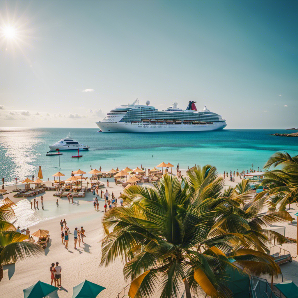 Nt image showcasing a sun-kissed tropical beach, with a cruise ship majestically gliding on crystal-clear waters