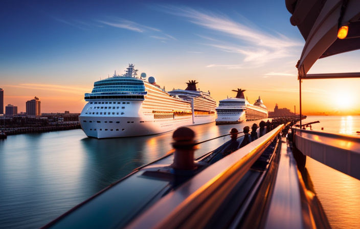 An image capturing the vibrant Galveston Cruise Port: a sprawling waterfront terminal bustling with excited travelers, lined with towering palm trees and sleek cruise ships, all framed by the glittering Gulf of Mexico