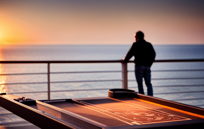 An image capturing a serene sunset backdrop on a luxurious cruise ship deck, where frugal living thrives