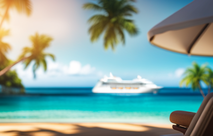 An image of a luxurious cruise ship floating effortlessly on turquoise waters, adorned with vibrant deck chairs and palm trees