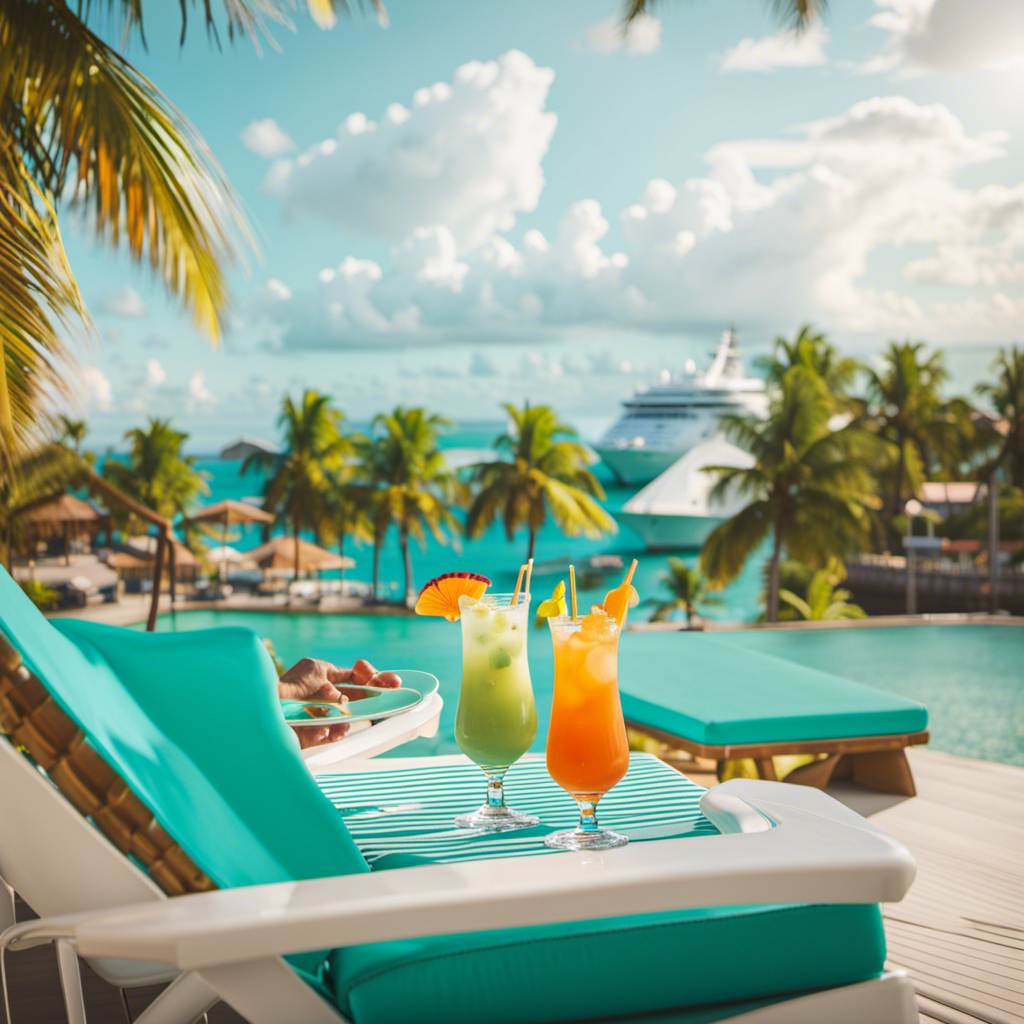 An image showcasing a couple relaxing in comfortable deck chairs, sipping tropical drinks, surrounded by palm trees, pristine turquoise waters, and a majestic cruise ship in the background