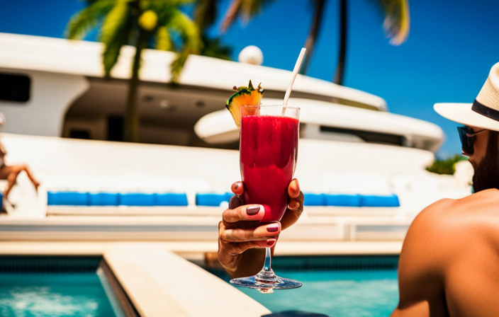 An image showcasing a person lounging by the ship's pool, sipping a fresh fruit smoothie, surrounded by sparkling blue waters and lush green palm trees, with a clear sky above