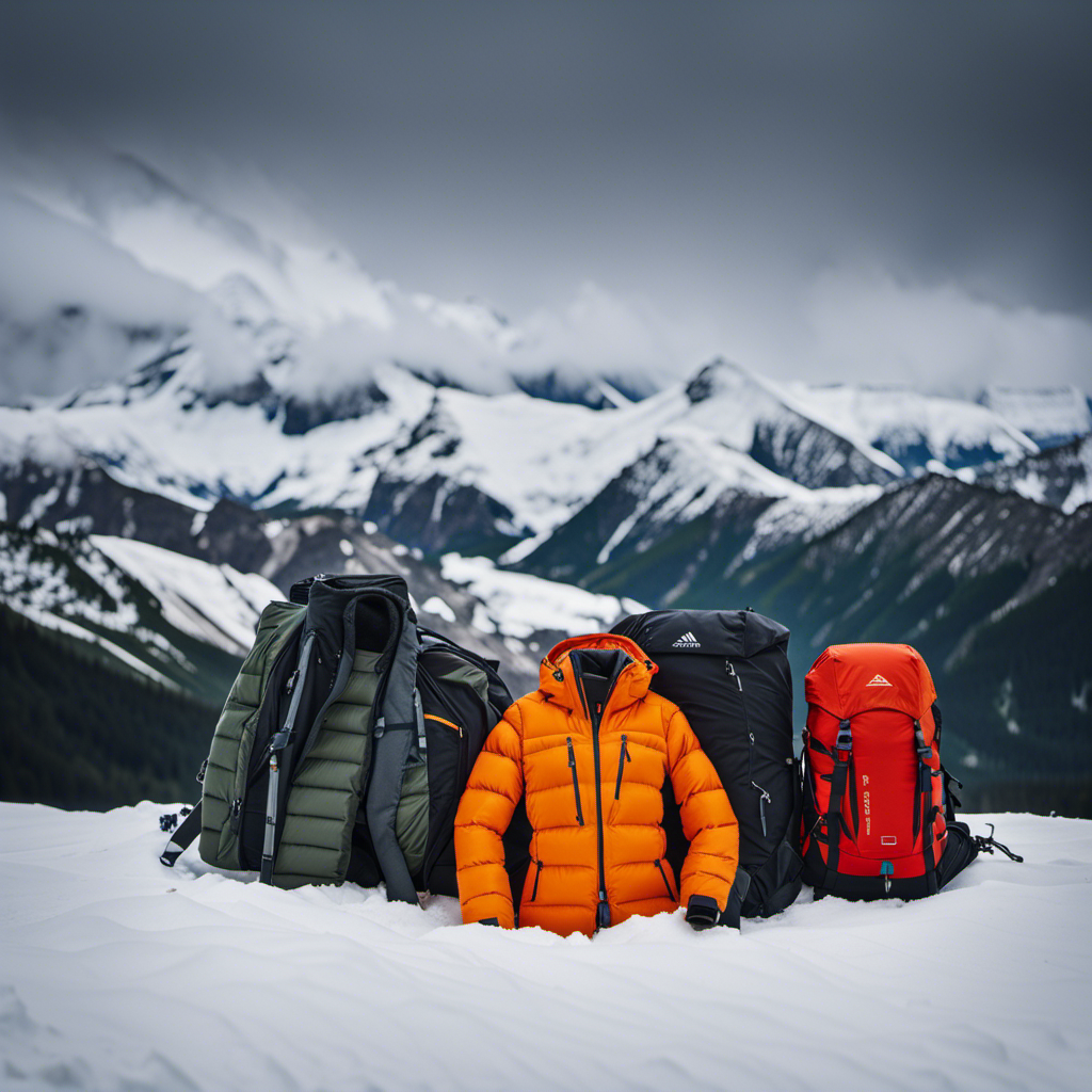 An image showcasing a neatly folded pile of warm, waterproof layers, including thermal base layers, fleeces, insulated jackets, and waterproof pants, alongside sturdy hiking boots and a compact backpack