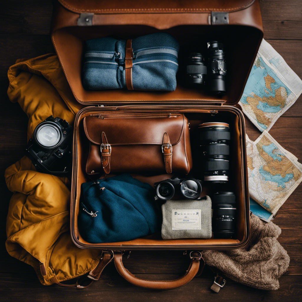 An image showcasing a well-organized suitcase filled with warm layers, waterproof jackets, hiking boots, binoculars, a camera, a map of Alaska, and a cozy blanket, perfectly illustrating essential items for a 7-day Alaska cruise