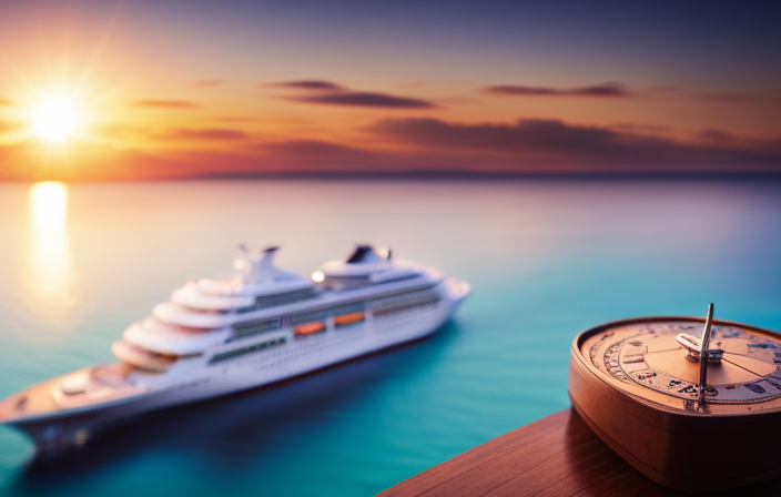 An image showcasing a vibrant cruise ship gently sailing on turquoise waters, framed by a captivating sunset