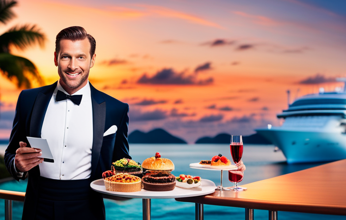 An image showcasing a cheerful cruise waiter holding a tray with a variety of payment methods, including cash, credit cards, and a mobile payment app, surrounded by vibrant tropical colors and a backdrop of a luxurious cruise ship
