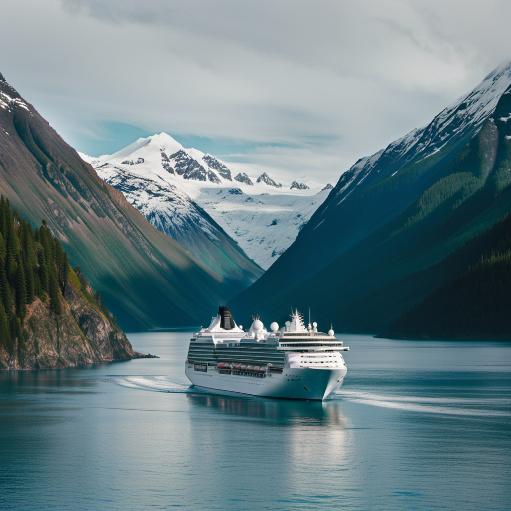 An image showcasing a serene Alaskan coastline, surrounded by majestic snow-capped mountains