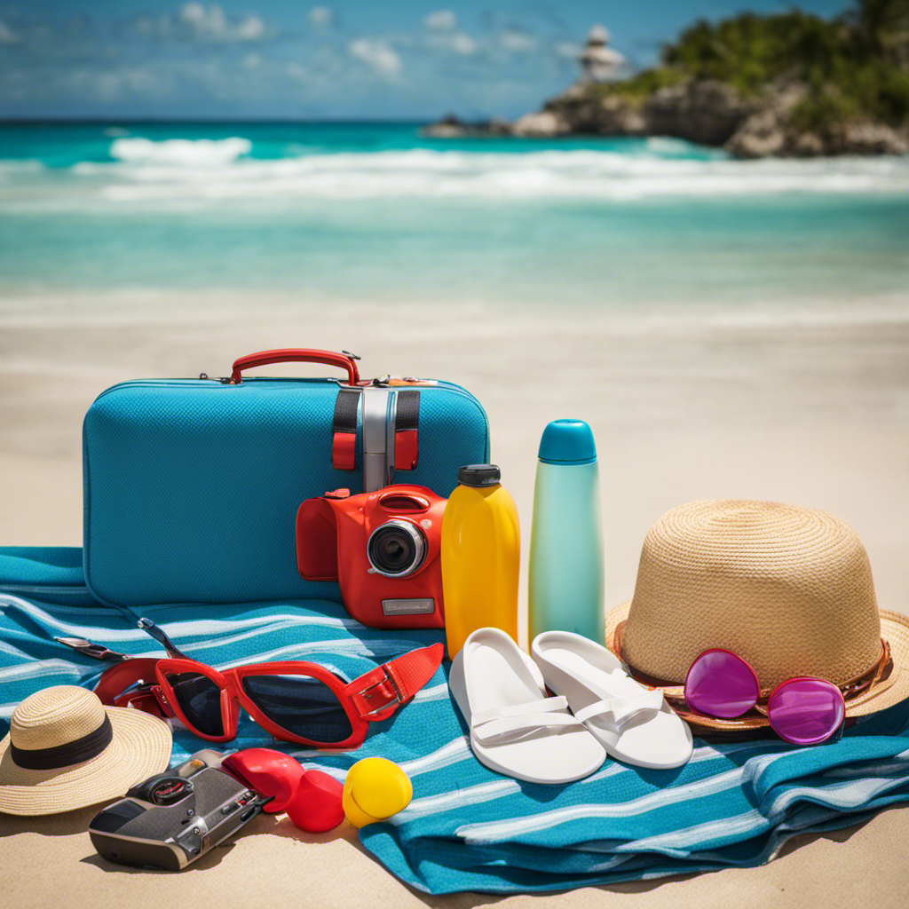 An image showcasing a vibrant suitcase packed with essentials for a Carnival cruise: beach towel, sunscreen, snorkel gear, flip-flops, a camera, and a straw hat