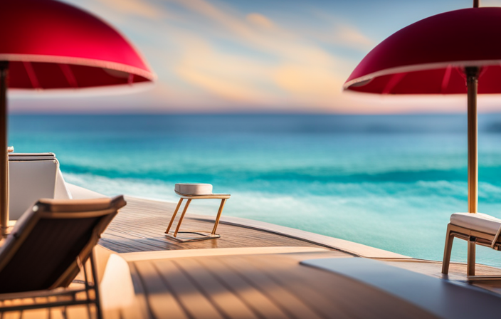 An image of a serene, sun-kissed cruise ship deck overlooking crystal-clear turquoise waters, adorned with comfortable lounge chairs, vibrant umbrellas, and retirees leisurely savoring the breathtaking oceanic views in pure bliss