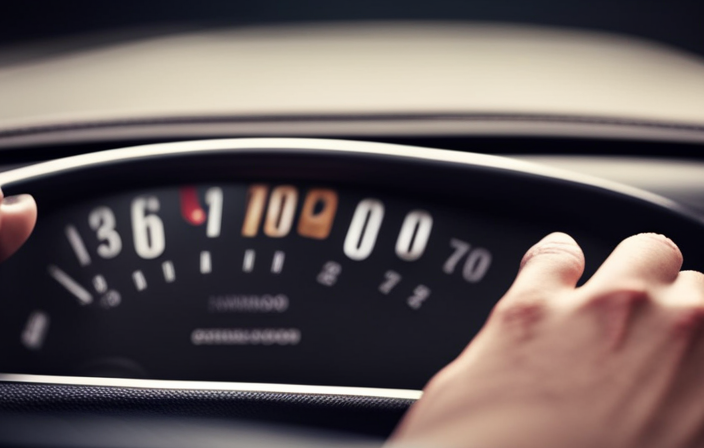 An image capturing the interior of a car, showcasing a driver's hand on the steering wheel, fingers gently pressing the cruise control button