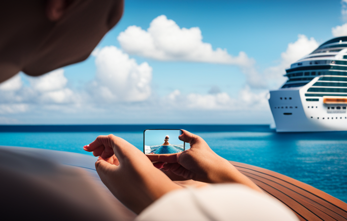 An image featuring a serene ocean backdrop, showcasing a luxurious Norwegian Cruise ship gliding through the clear blue waters