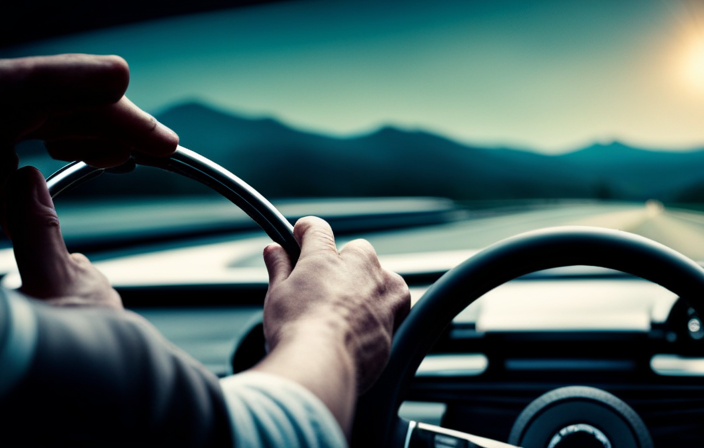 An image showcasing a car's dashboard with a driver's hand firmly gripping the steering wheel, while the other hand reaches out to press the "Cruise Control" button, highlighting the process of deactivating this feature