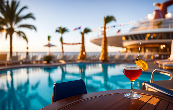 An image showcasing the vibrant deck of a Carnival Cruise ship, adorned with colorful loungers, palm trees, and a sparkling swimming pool