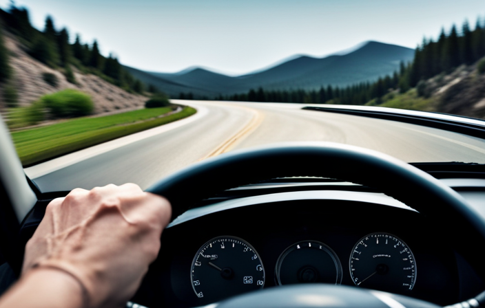 An image portraying a driver on a scenic highway, hands lightly resting on the steering wheel, with the cruise control button subtly highlighted, showcasing the effortless convenience of using this feature