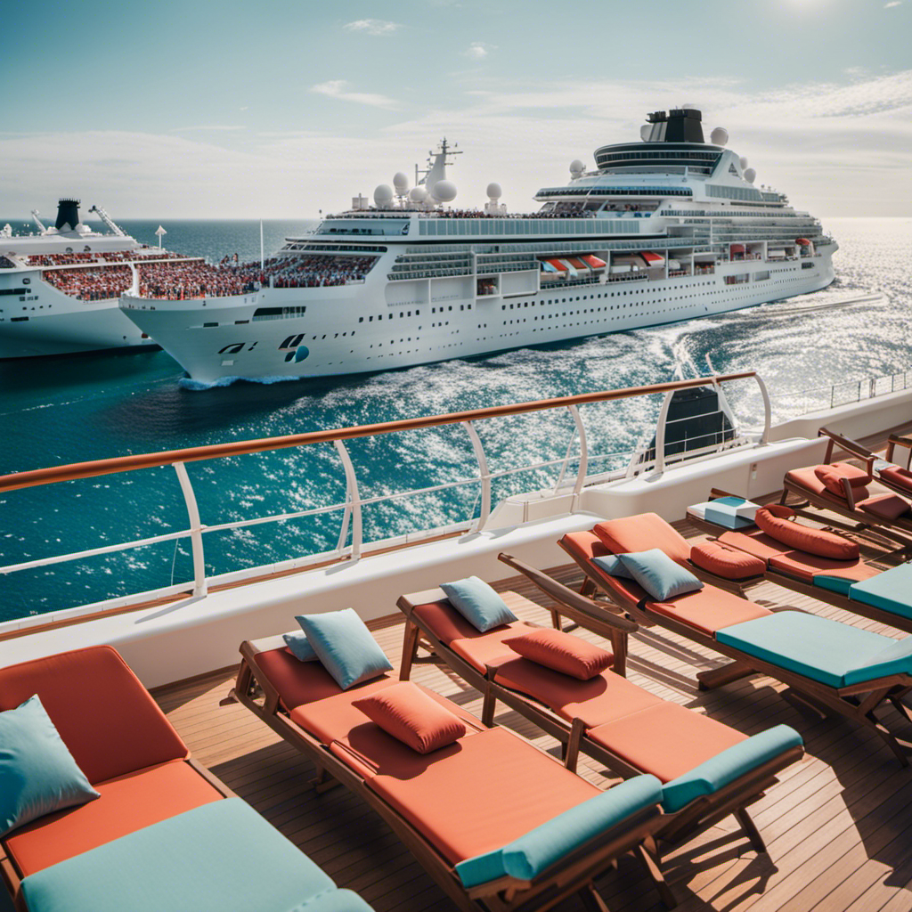 An image showcasing a bustling cruise ship deck, adorned with vibrant sun loungers, as crew members in crisp uniforms attend to guests, while the mesmerizing ocean backdrop sets the stage for a thrilling summer adventure