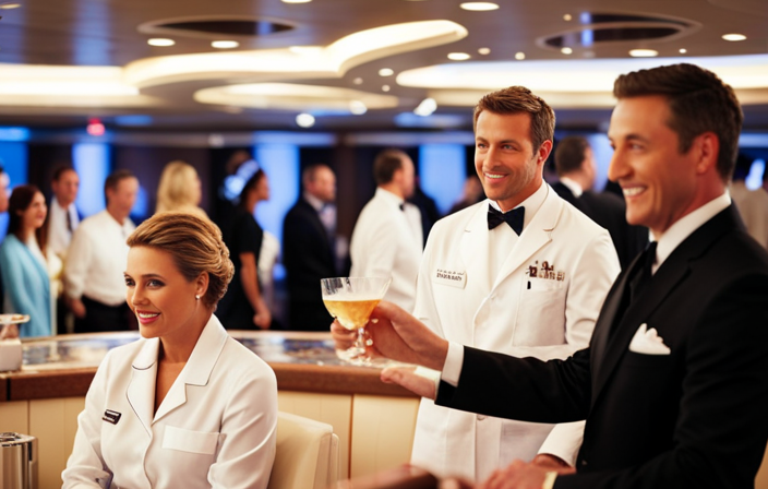 An image featuring a vibrant cruise ship deck bustling with enthusiastic individuals donning crisp uniforms, engaging in various tasks like serving exotic cocktails, organizing recreational activities, and assisting guests, showcasing the diverse opportunities available to work on a cruise ship with no prior experience