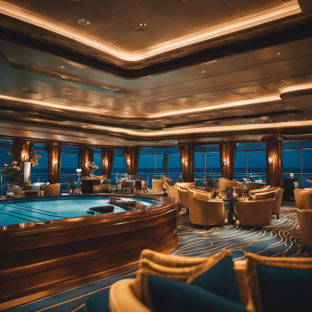 An image that showcases a bustling cruise ship deck, with uniformed staff members providing impeccable service to guests, while luxurious amenities, such as pools, lounges, and theaters, complement the vibrant atmosphere