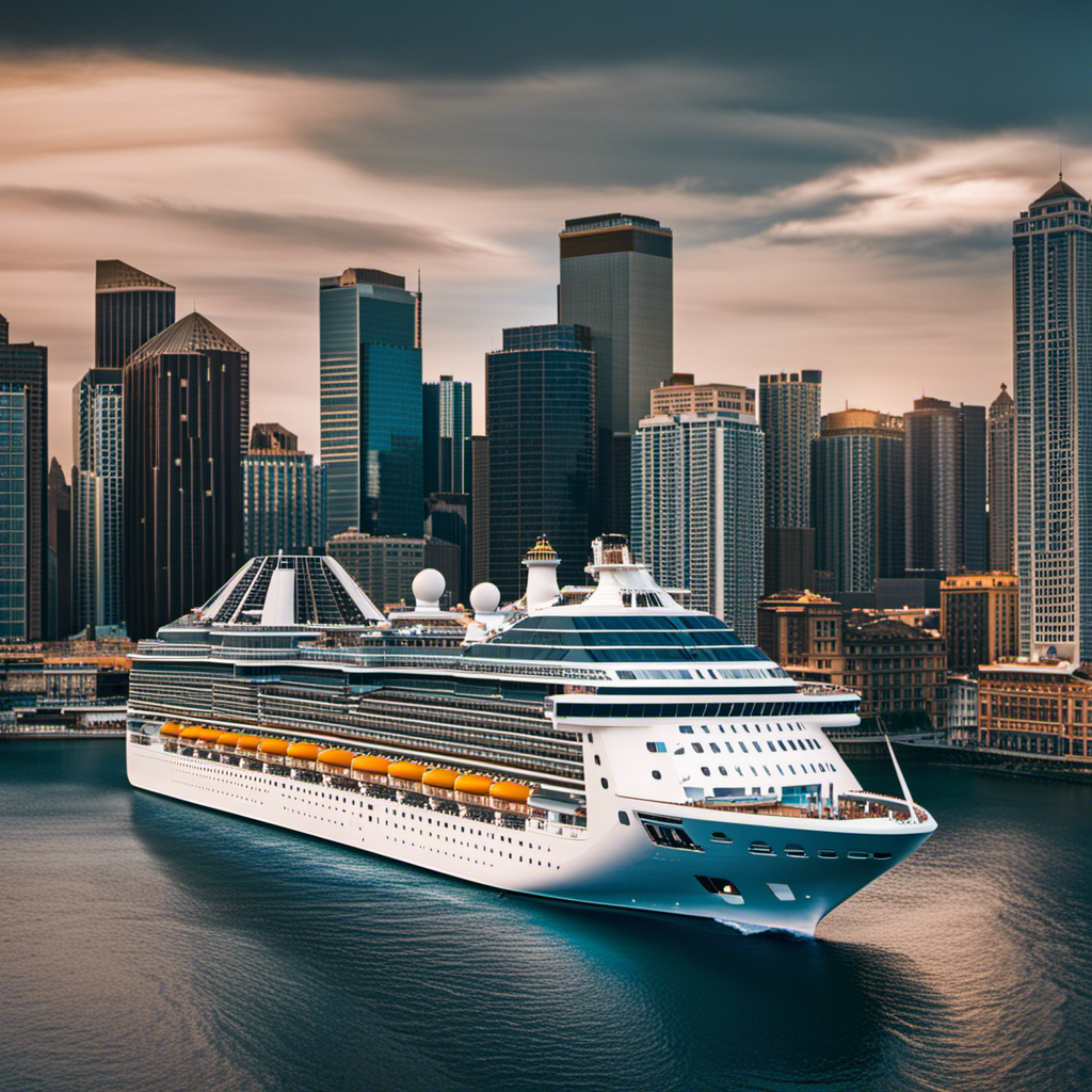An image showcasing a massive cruise ship looming over a bustling harbor, its towering size evident as it stretches across the water, dwarfing nearby boats and buildings, leaving viewers in awe of its immense width